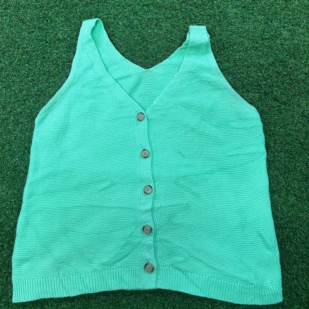 Loft Mint Green Button Front Knit Sweater Vest V-Neck Sleeveless Size M